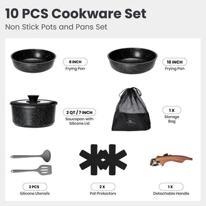 Granite-Coating 8 Pieces Nonstick Pots and Pans Set with Removable Handle