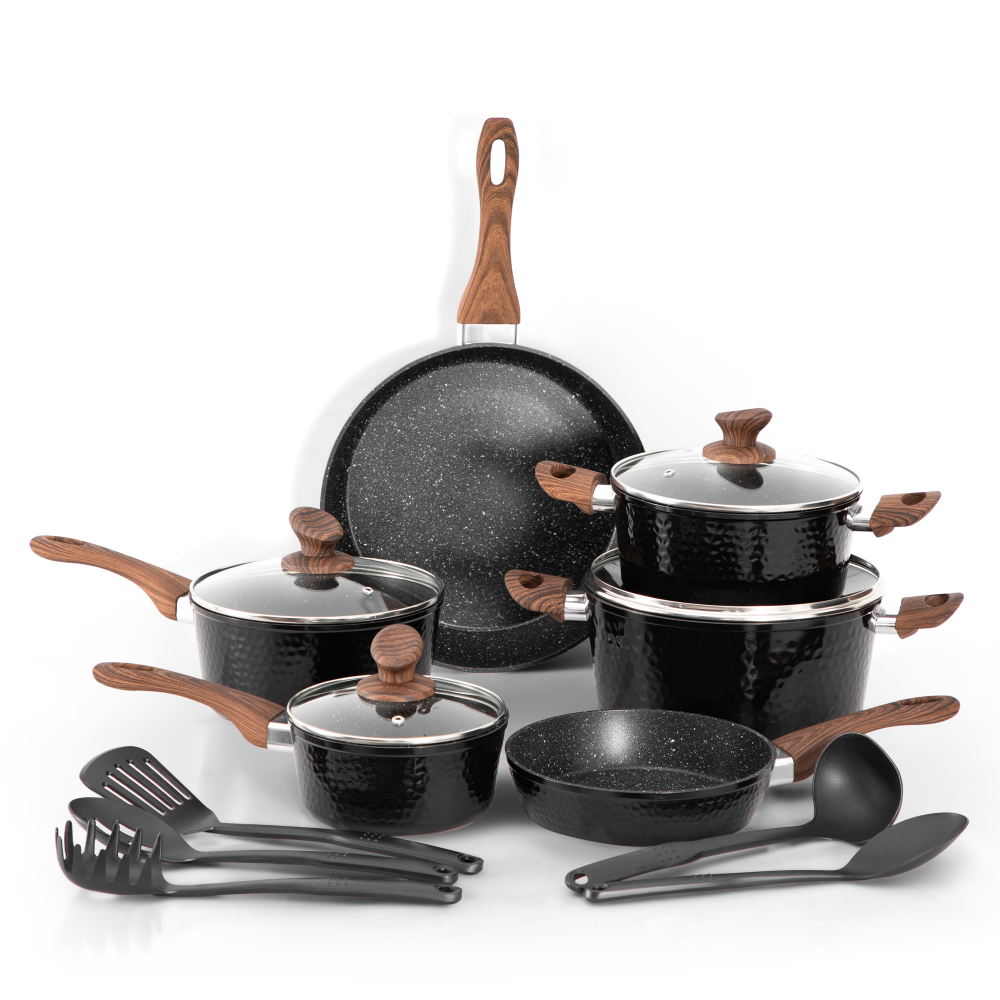 15 Pieces Induction Black Hammered Finish Nonstick Pots and Pans Set