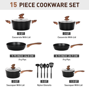 15 Pieces Induction Black Hammered Finish Nonstick Pots and Pans Set