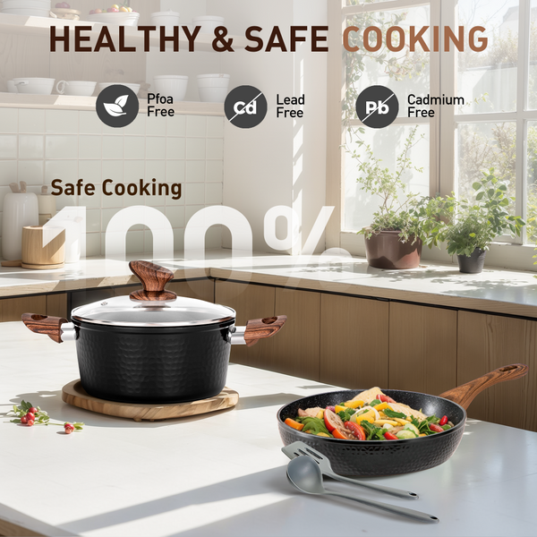 15 Pieces Induction Black Hammered Finish Nonstick Pots and Pans Set