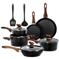 12 Piece Hammered Nonstick Cookware Set Aluminium with Granite Coating for All Hobs