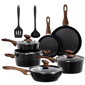 12 Piece Hammered Nonstick Cookware Set Aluminium with Granite Coating for All Hobs
