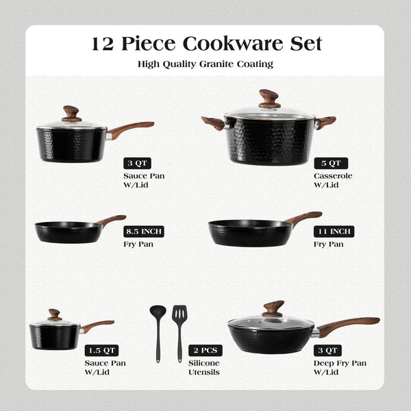 12 Piece Hammered Nonstick Cookware Set Aluminium with Granite Coating for All Hobs