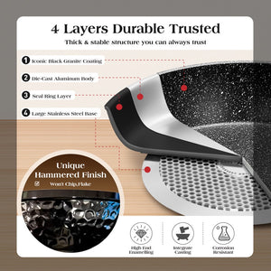 12 Piece Hammered Nonstick Cookware Set Aluminium with Granite Coating for All Hobs