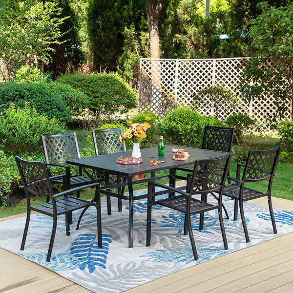Rectangle Patio Table and 6 Stackable Chairs 7-Piece Metal Outdoor Patio Dining Sets