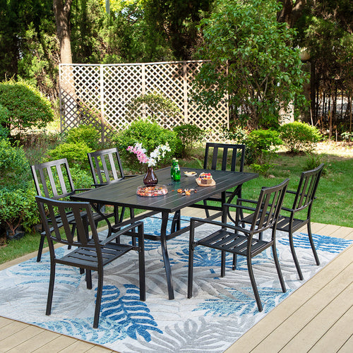 Rectangle Patio Table and 6 Stackable Chairs 7-Piece Metal Outdoor Patio Dining Sets
