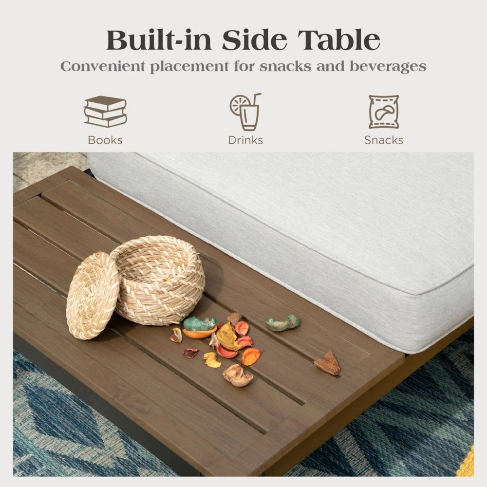 2-seater garden sofa with built-in wooden side tables set in a classic backyard setting