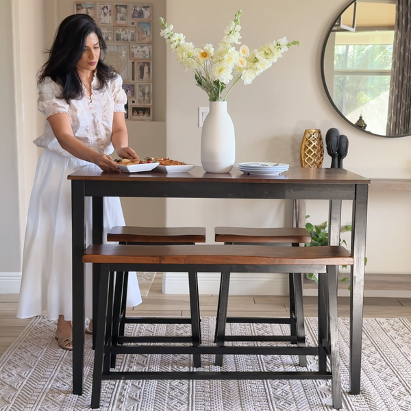 PHI VILLA Wood Counter Height Dining Set for 4 with Bench & 2 Chairs