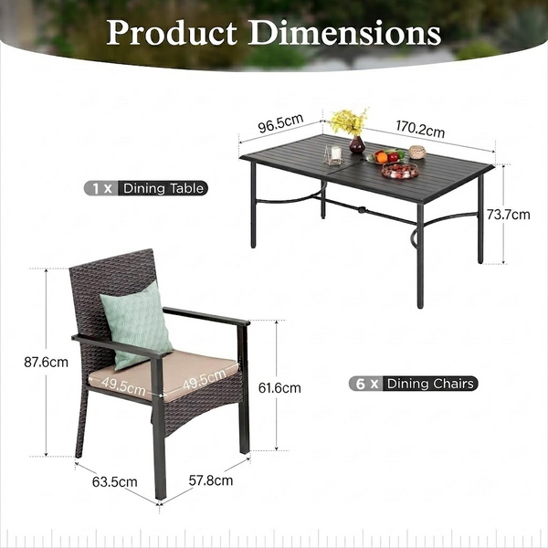 7-Piece Garden Dining Set with Rectangular Table and Wicker Rattan Chairs