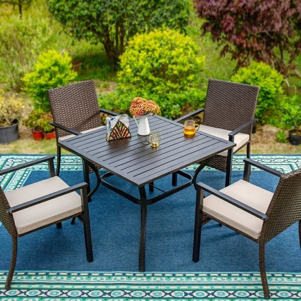 5-Piece All-Weather PE Rattan Garden Dining Set with Square Table and Armchairs