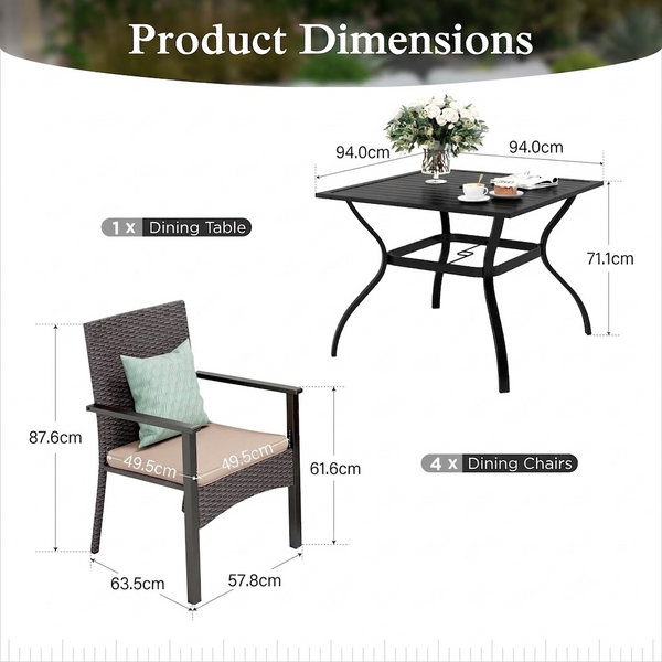 5-Piece All-Weather PE Rattan Garden Dining Set with Square Table and Armchairs