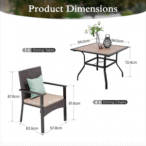 5-Piece All-Weather PE Rattan Garden Dining Set with Square Table and Armchairs