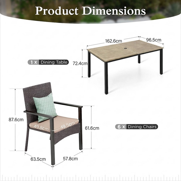 7-Piece Garden Furniture Set with Wood-like Slat  Table & High-Back Rattan Chairs