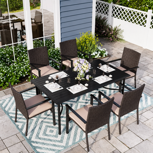 7-Piece Garden Dining Set with Rectangular Table and Wicker Rattan Chairs