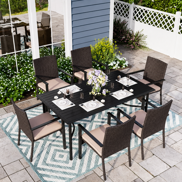 7-Piece Garden Dining Set with Rectangular Table and Wicker Rattan Chairs