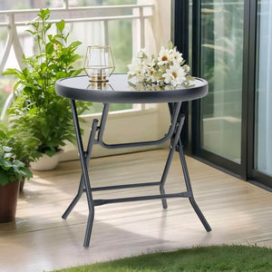 Foldable Small Outdoor Garden Table with Tempered Glass Top