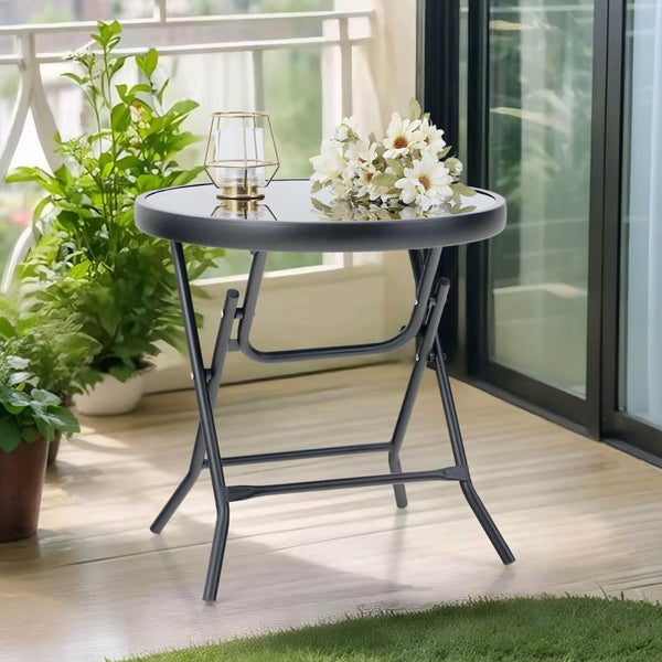 Foldable Small Outdoor Garden Table with Tempered Glass Top