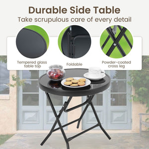 Foldable Small Outdoor Garden Table with Tempered Glass Top