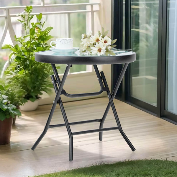 Foldable Small Outdoor Garden Table with Tempered Glass Top