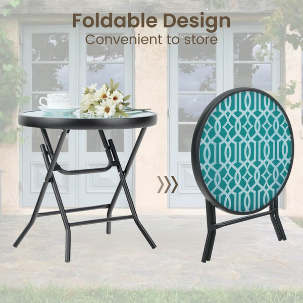 Foldable Small Outdoor Garden Table with Tempered Glass Top