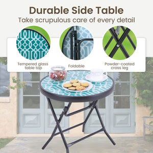 Foldable Small Outdoor Garden Table with Tempered Glass Top