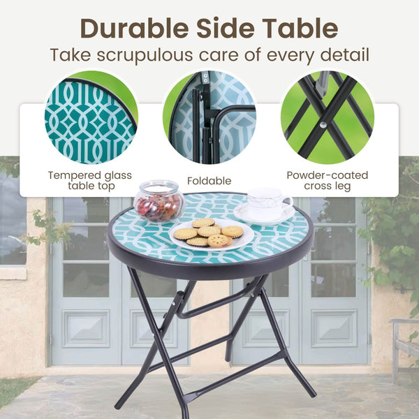 Foldable Small Outdoor Garden Table with Tempered Glass Top