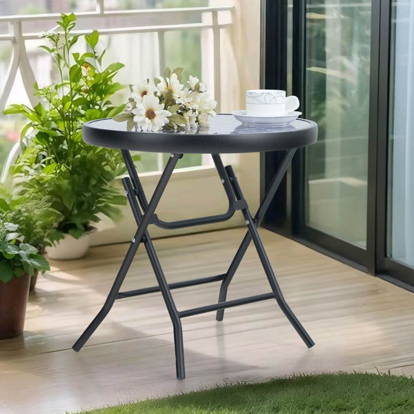 Foldable Small Outdoor Garden Table with Tempered Glass Top