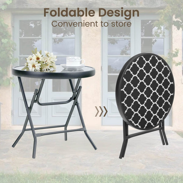 Foldable Small Outdoor Garden Table with Tempered Glass Top