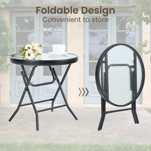 Foldable Small Outdoor Garden Table with Tempered Glass Top