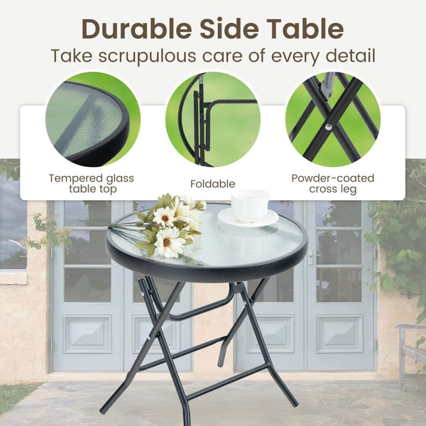 Foldable Small Outdoor Garden Table with Tempered Glass Top