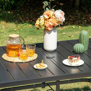 7-Piece Garden Dining Set with Metal Rectangular Slat Table and Wicker Rattan Chairs