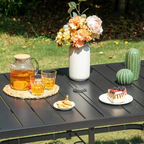 7-Piece Garden Dining Set with Metal Rectangular Slat Table and Wicker Rattan Chairs