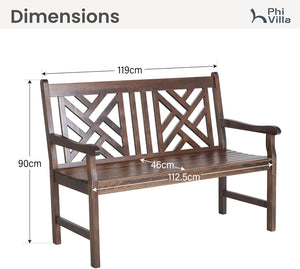 119cm 2 Seat Outdoor Wooden Brown Bench With Curved Wide Armrest