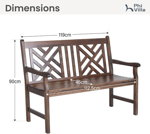 119cm 2 Seat Outdoor Wooden Brown Bench With Curved Wide Armrest