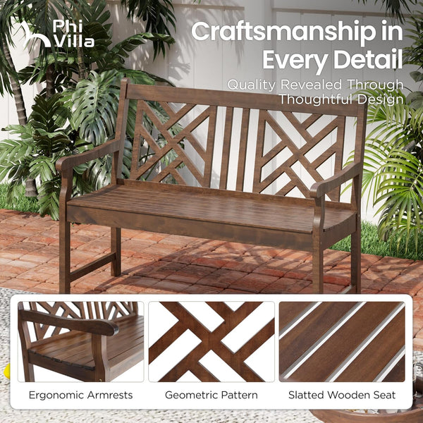 119cm 2 Seat Outdoor Wooden Brown Bench With Curved Wide Armrest