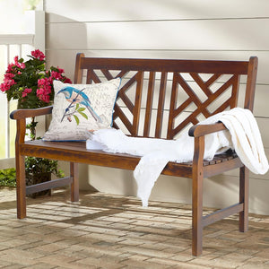 119cm 2 Seat Outdoor Wooden Brown Bench With Curved Wide Armrest