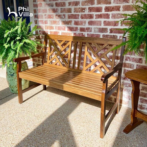 119cm 2 Seat Outdoor Wooden Brown Bench With Curved Wide Armrest