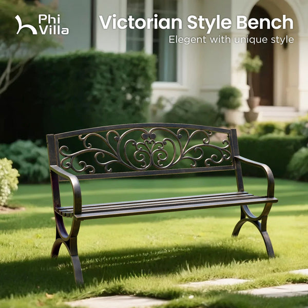 127cm Garden Outdoor Bench Cast Iron Steel Frame Apple Blossom Pattern