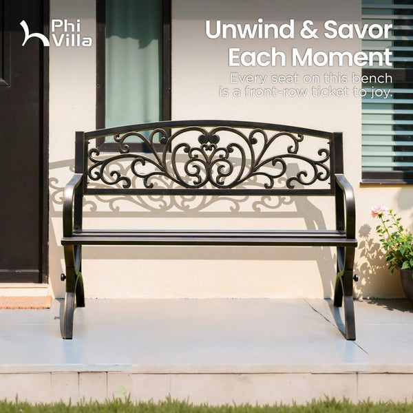 127cm Garden Outdoor Bench Cast Iron Steel Frame Apple Blossom Pattern
