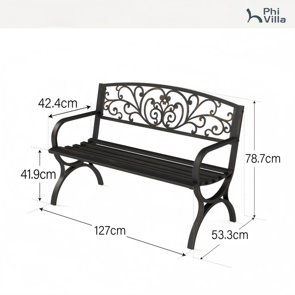 127cm Garden Outdoor Bench Cast Iron Steel Frame Apple Blossom Pattern