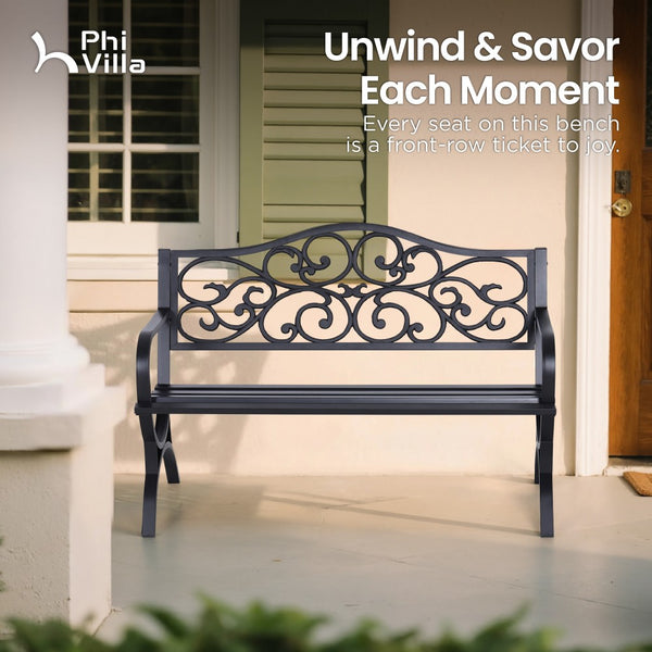 127cm Garden Patio Bench Cast Iron Steel Frame with Phalaenopsis Pattern