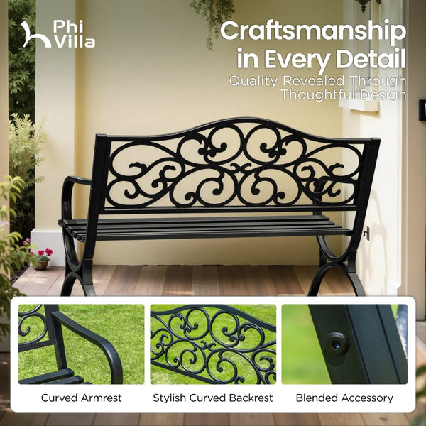 127cm Garden Patio Bench Cast Iron Steel Frame with Phalaenopsis Pattern