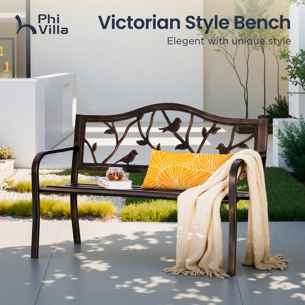 129cm Metal Garden Bench with Cast Iron Bird Pattern Backrest for Patio