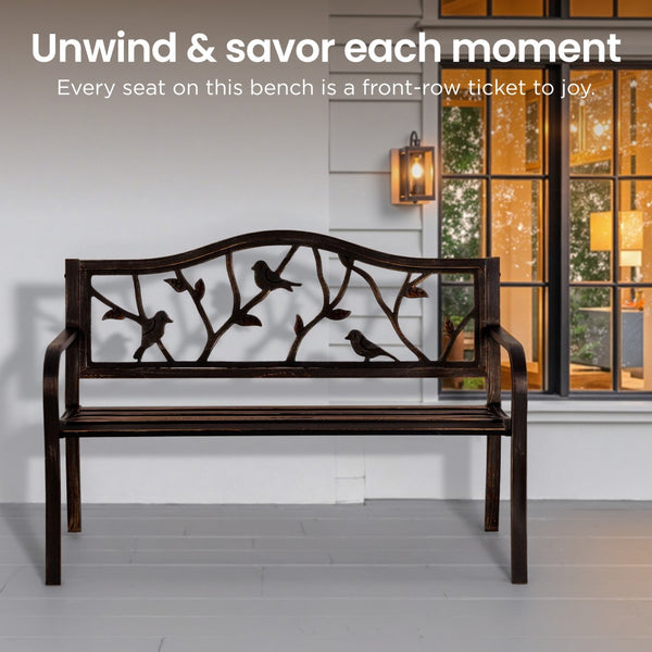129cm Metal Garden Bench with Cast Iron Bird Pattern Backrest for Patio