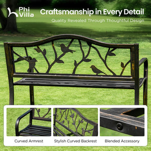 129cm Metal Garden Bench with Cast Iron Bird Pattern Backrest for Patio