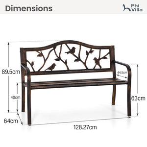 129cm Metal Garden Bench with Cast Iron Bird Pattern Backrest for Patio