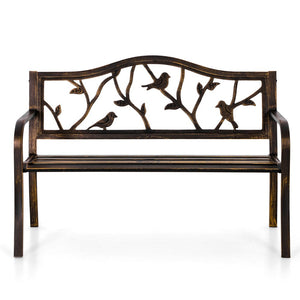 129cm Metal Garden Bench with Cast Iron Bird Pattern Backrest for Patio