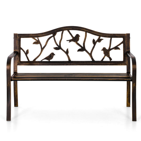 129cm Metal Garden Bench with Cast Iron Bird Pattern Backrest for Patio