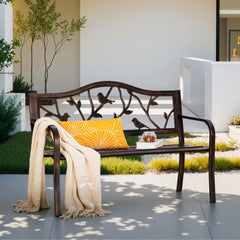 129cm Metal Garden Bench with Cast Iron Bird Pattern Backrest for Patio