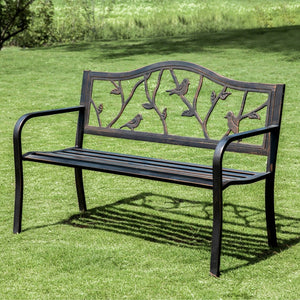 129cm Metal Garden Bench with Cast Iron Bird Pattern Backrest for Patio